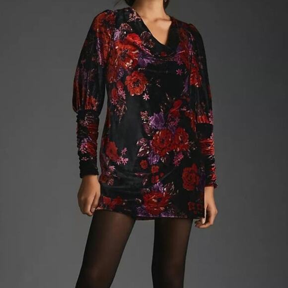 Maeve Anthropologie Floral Velvet Cowl Neck Mini Dress - Picture 1 of 9